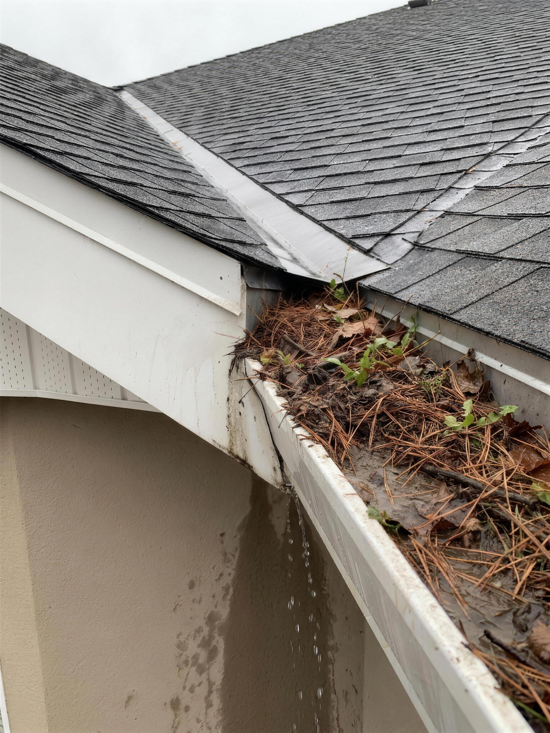 A gutter packed solid with pine needles, rainwater spilling over the lip