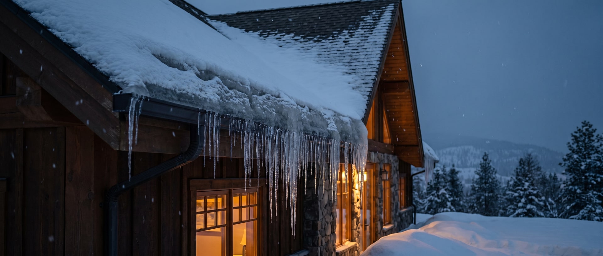 A ridge of ice built up along the eave of a snow-covered roof
