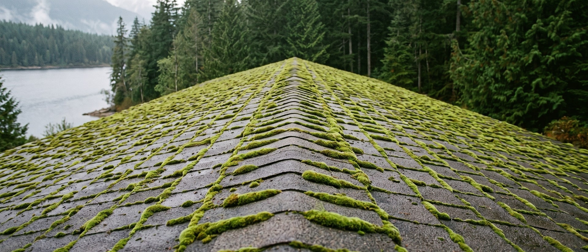Moss grown thick across a shingle roof, lifting the courses