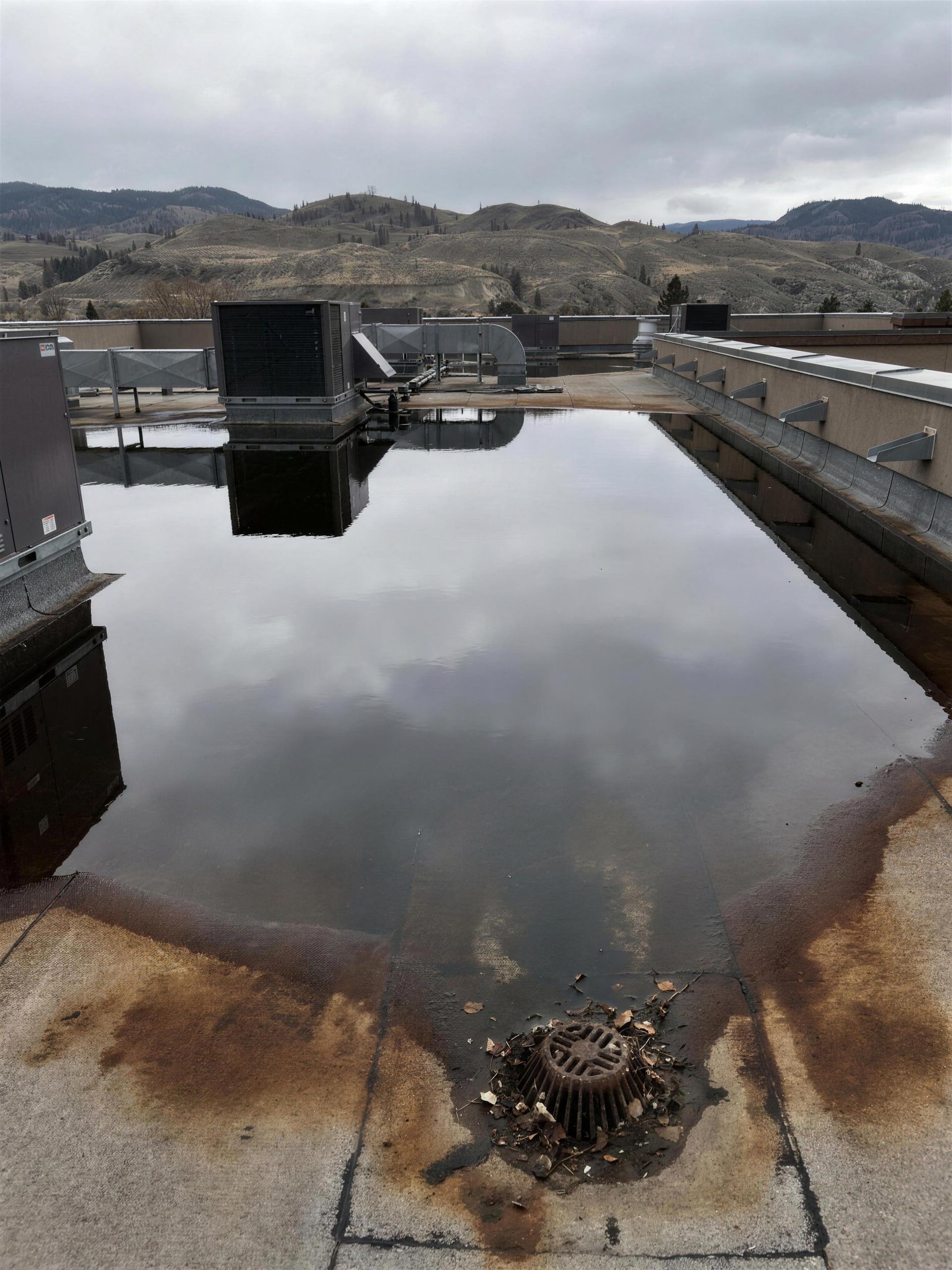 Standing water across a commercial flat roof beside a choked drain