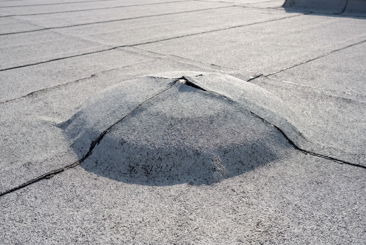 A blister lifting the cap sheet of a modified bitumen flat roof
