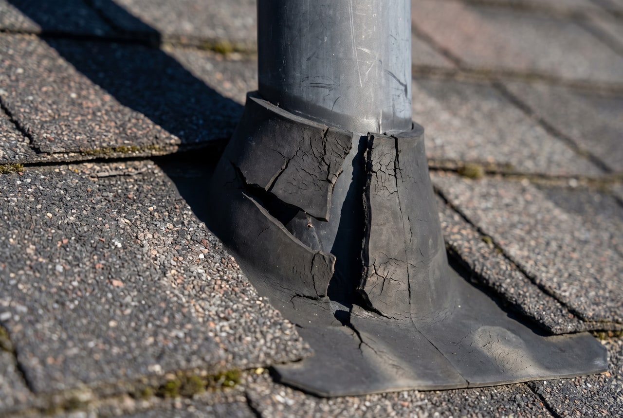 A perished rubber pipe boot split open around a plumbing vent on a shingle roof
