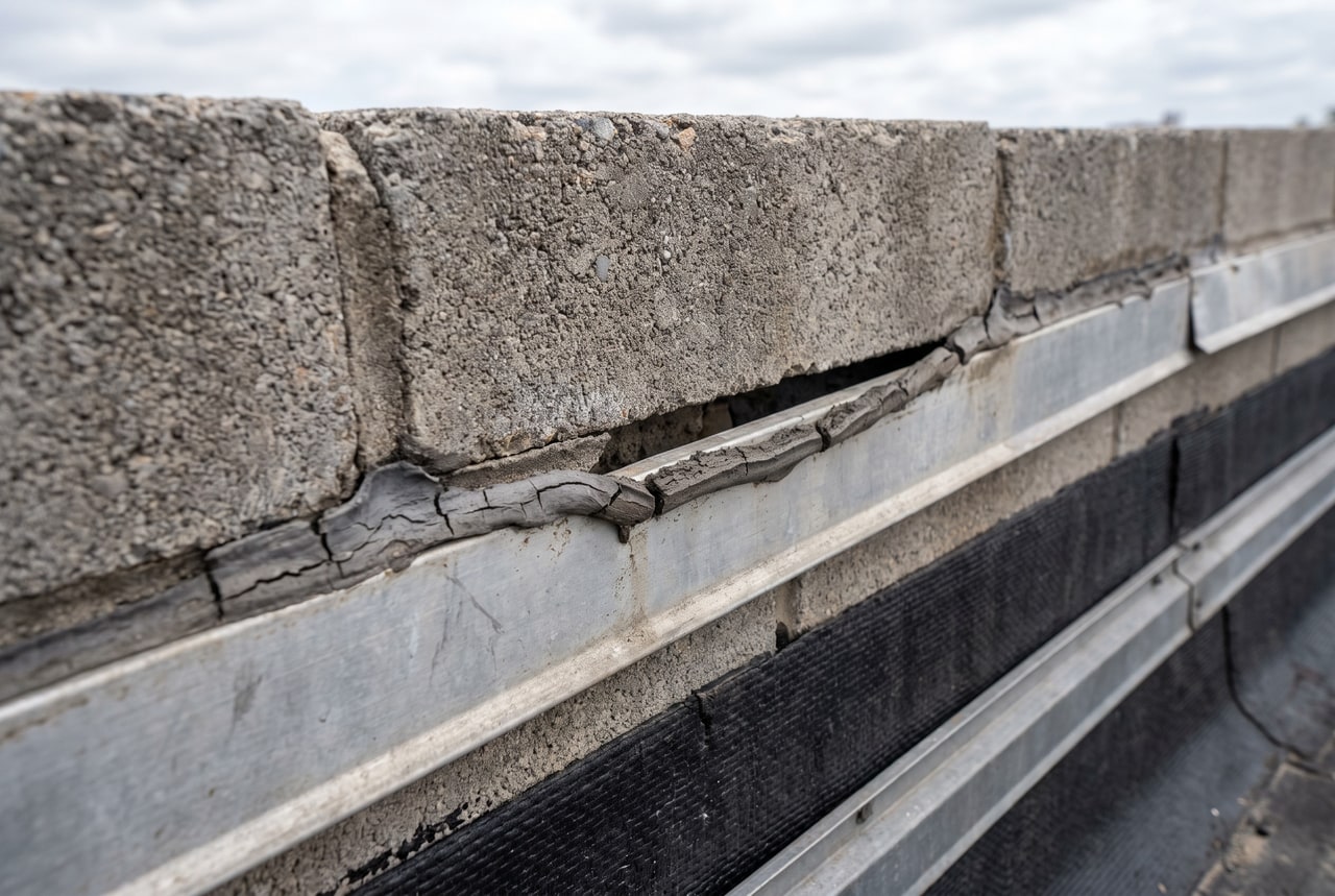 Shrunken sealant pulling out of a reglet above counterflashing on a parapet wall
